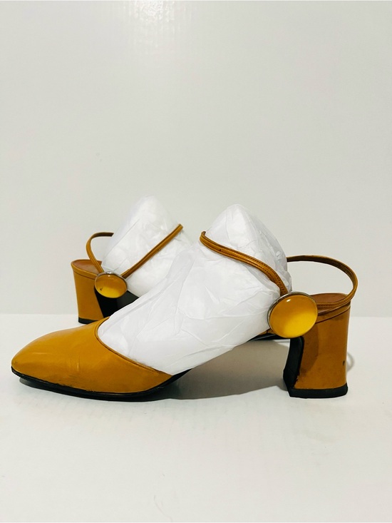 Dior Shoes - Vintage Christian Dior Souliers 1960s Mod yellow Patent Slingback Block Heel,